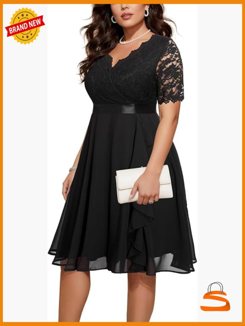 Plus Size Lace Formal Midi Dress V Neck Long Sleeve Tea Length